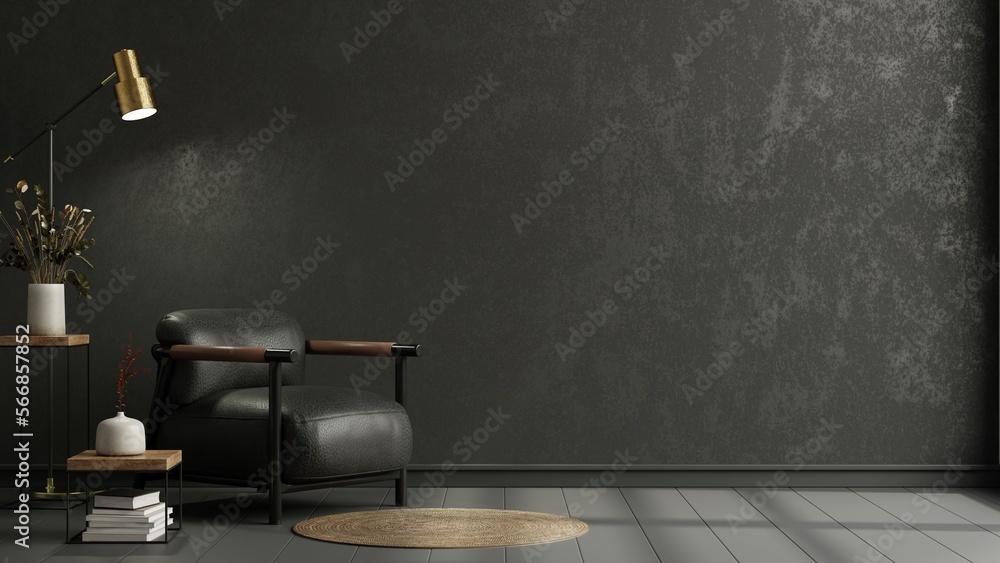 Wall mural wall mockup in black tones with leather armchair on dark wall.