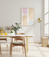 Mockup frame in the dining room interior design with beige empty wall.