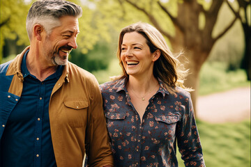 Fototapeta premium Beautiful happy middle aged love couple outside in a park (AI Generated)