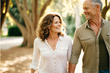 Fototapeta premium Beautiful happy middle aged love couple outside in a park (AI Generated)