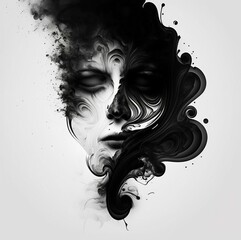 Dark and mysterious smoke rising against a beautiful woman's face and white background, ethereal and mesmerizing display of swirling, billowing smoke, captivating and mesmerizing, vivid, enchanting