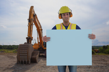 construction site worker holding white board showing advertisement excavator digger hard hat yellow bib 3D illustration
