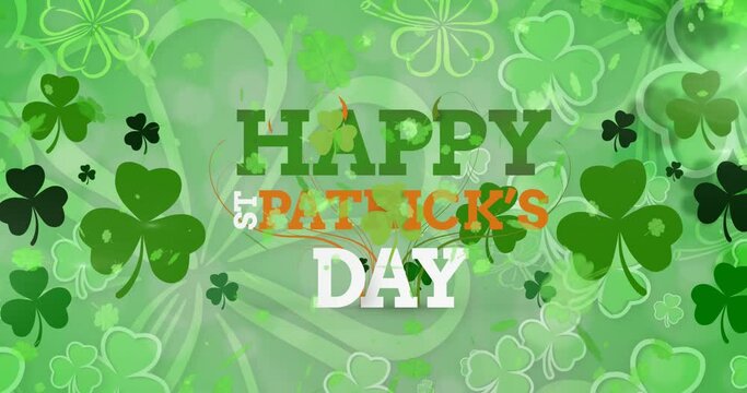 Animation of st patrick's day text and shamrock on green background