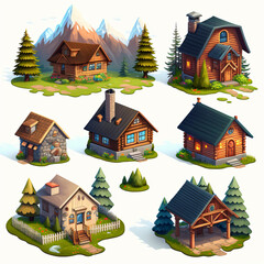 wood mountain cabin set of videogame sprite assets isolated on a white background Generative Ai