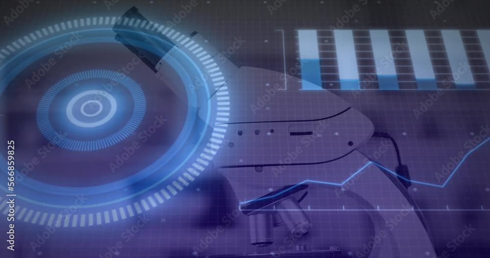 Poster animation of microscope, scope, data processing over statistics