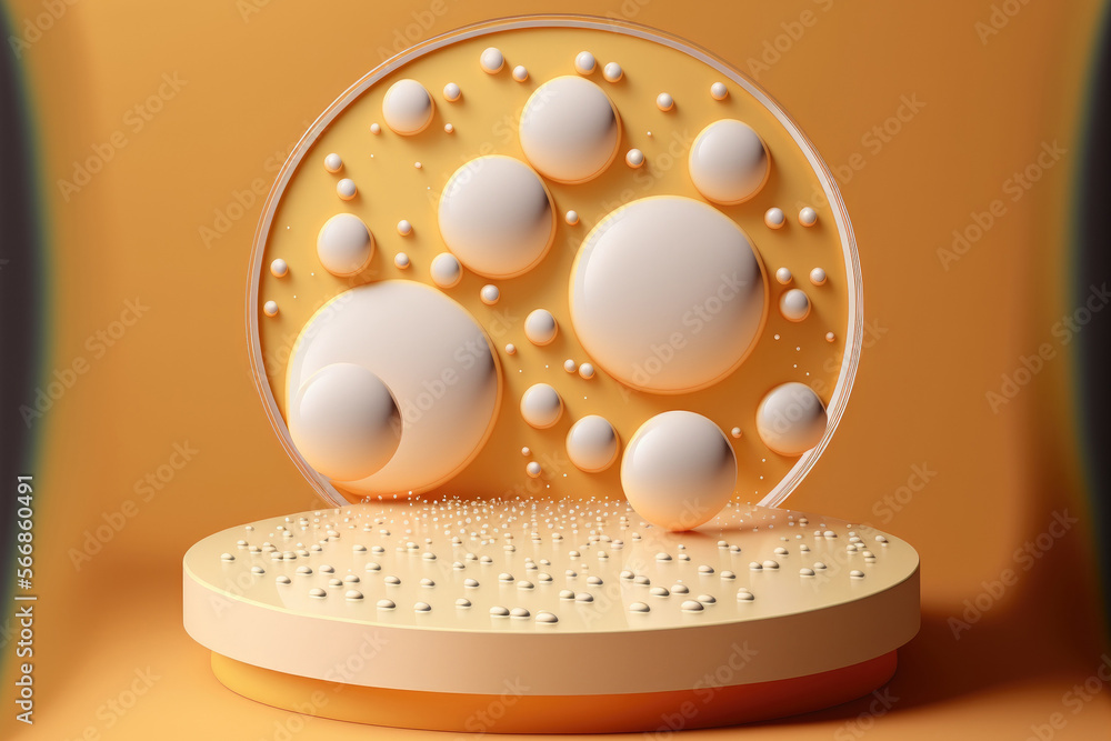 Poster clear water droplets on a stage of an abstract geometric hemisphere on a beige background. template 