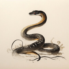 Fototapeta premium snake ink on paper drawing sumi-e style illustration Generative Ai