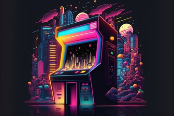 Arcade machine on city background with 80s colors, Digital illustration, Generative AI