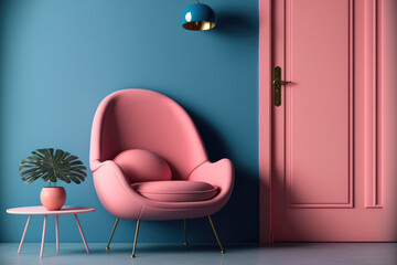 interior has a pink armchair on empty blue wall