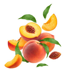 Flying ripe peaches and peach slices with green leaves on a withe background. Food levitation concept, high resolution image.