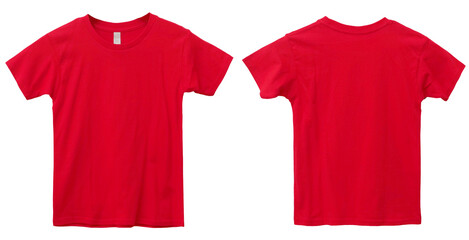 Red kids t-shirt mock up, front and back view, isolated. Plain red shirt mockup. Tshirt design template - obrazy, fototapety, plakaty