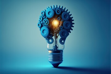 Light bulb with gears, creativity and innovation concept, blue background, Digital illustration, Generative AI
