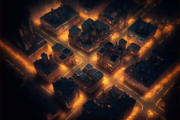 graphical aerial images of city lit by street lights