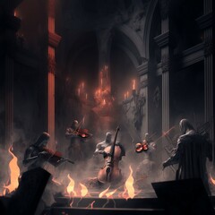 Hell, Cello, music being played in Hell, violins, eerie, ominous, Greek columns, architecture, dark, candles, fire