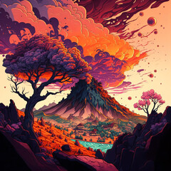Naklejka premium cartoon of a volcano explosion on and pink and purple sunset sky Generative Ai