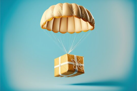 Parcel with parachute. Package with order. blue background. Digital illustration, Generative AI

