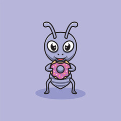 Cute ant eating donut cartoon illustration