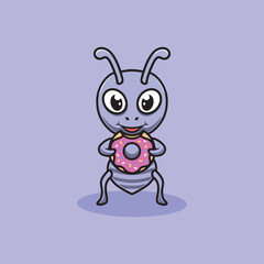 Cute ant eating donut cartoon illustration