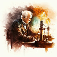 Thomas Edison experimenting with electricity watercolor painting illustration isolated on a white background Generative Ai - obrazy, fototapety, plakaty