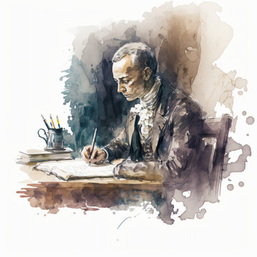 Immanuel Kant philosopher writing about morals and politics watercolor painting illustration isolated on a white background Generative Ai