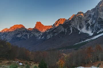 Beautiful autumn hiking and trekking trails of Valbona Pass, Albania.