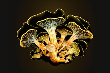 Close up of an oyster mushroom, a macro mushroom, and an abstract food on a black background. Generative AI