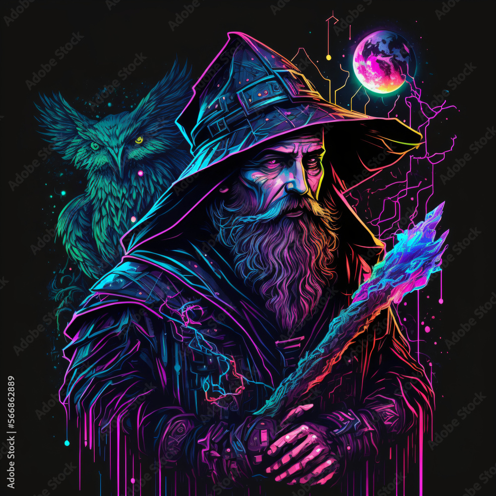 Wall mural wizard neon style art design isolated on a black background generative ai