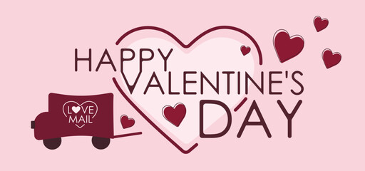 Mail truck with text HAPPY VALENTINE'S DAY on light pink background