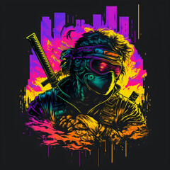 ninja fighter neon style art design isolated on a black background Generative Ai