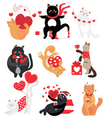Set of cute cats with wine and hearts on white background. Valentine's Day celebration
