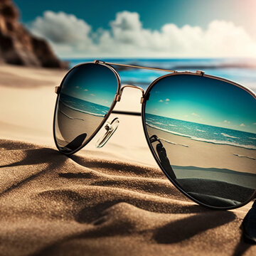 Sunglasses On The Sand Reflecting The Beach Generative Ai