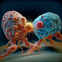 Immune cells fighting with cancer cells, bright colors,  visual representation of the battle between healthy and cancerous cells, body's defense system in action, intricate structure, bold colors