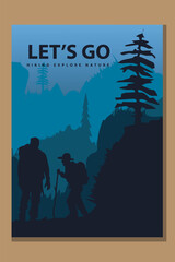 Fototapeta premium Vector brochure cards set. Travel concept of discovering, exploring and observing nature. Hiking. Adventure tourism. Flat design template of flyer, magazine, book cover, banner, invitation, poster.