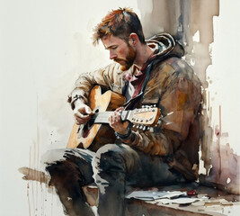 Fototapeta na wymiar watercolor painting of a man playing the guitar on the street wearing a brown worn jacket Generative Ai