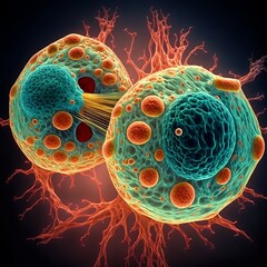 Immune cells fighting with cancer cells, bright colors,  visual representation of the battle between healthy and cancerous cells, body's defense system in action, intricate structure, bold colors