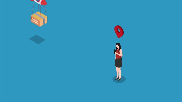Young woman receives priority package from a rocket 3d animation