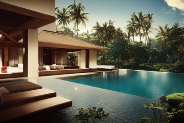 Luxury with tropical Jungle villa resort luxurious swimming pool. Generative AI illustration - obrazy, fototapety, plakaty