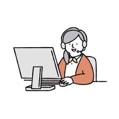 パソコン操作をしながら通話する女性カスタマー　イエロー