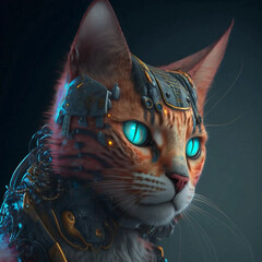 Cyborg, Cat, Portrait, Blue eye