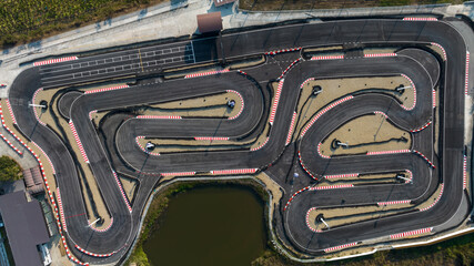 Aerial top view race kart track, Track for auto racing top view, Car race asphalt and curve grand prix street circuit, Aerial view asphalt race track.
