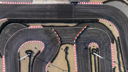 Aerial top view race kart track, Track for auto racing top view, Car race asphalt and curve grand...