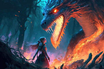 illustration painting of fantasy scene showing the girl fighting the fire dragon, digital art style (ai generated)