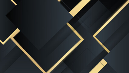 Simple professional banner with sparkling golden square frame on pattern dark black background.