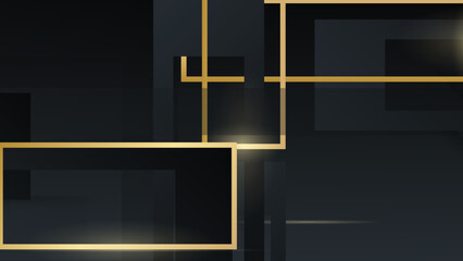 Vector illustration banner template design. Gold rectangle decoration wallpaper vector on black abstract background.