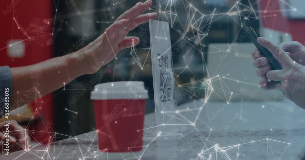 Poster animation of connections and data processing over woman using smartphone