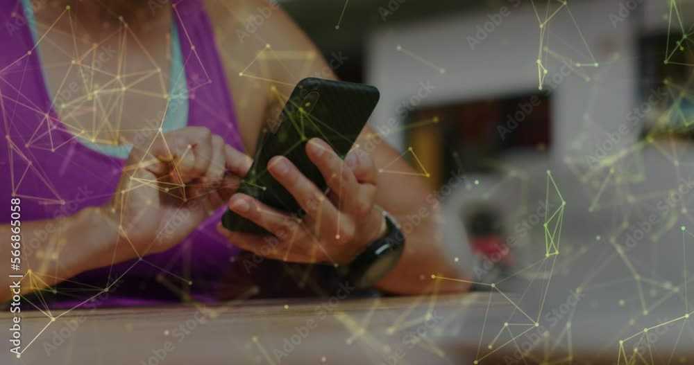 Aufkleber animation of connections and data processing over woman using smartphone