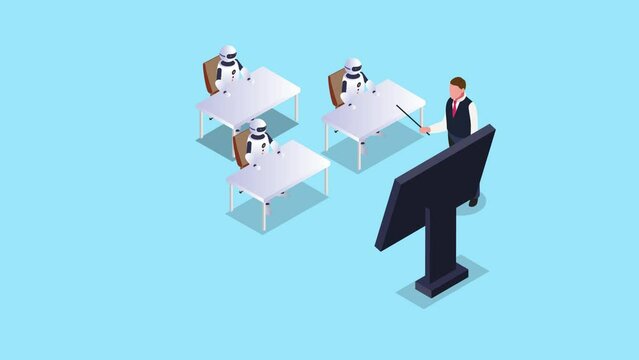 teacher giving lecture to AI robots