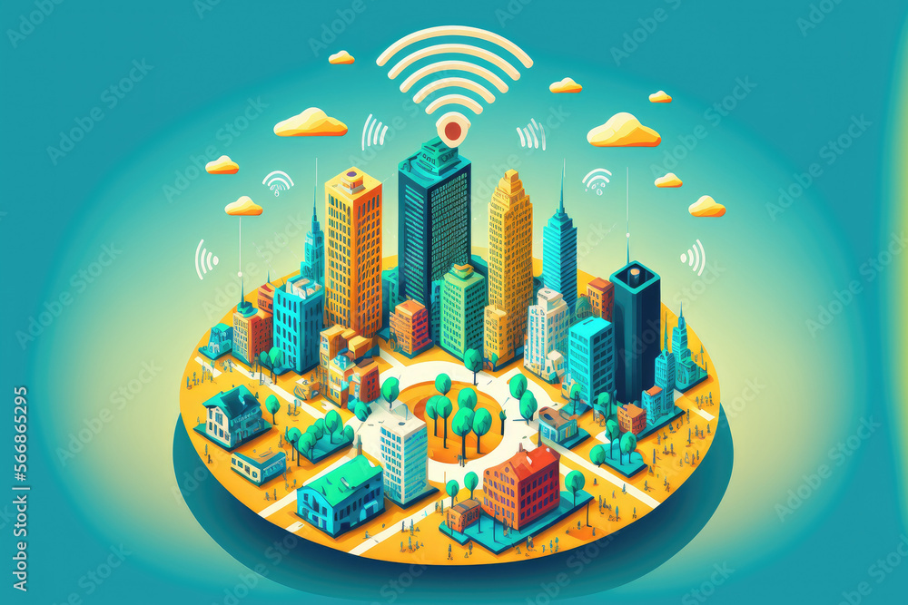 Poster concept of a network connection with a wifi symbol, wireless communication network and smart cities.