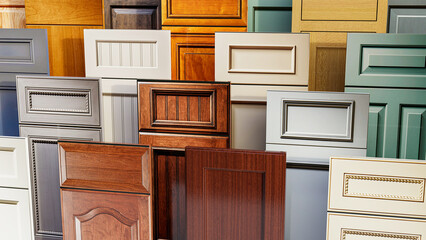 wooden cabinet door samples on a store disply - obrazy, fototapety, plakaty