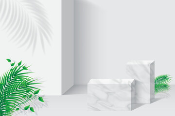3d product display podium platform. 3d realistic gray cube marble pedestal with palm leaves.The stage for the showcase. Minimalism wall scene for mockup product display.3d podium vector illustration.